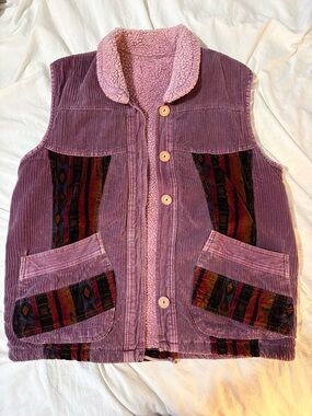 Vintage Women's Purple Corduroy Sherpa-Lined Vest with Funky Detail